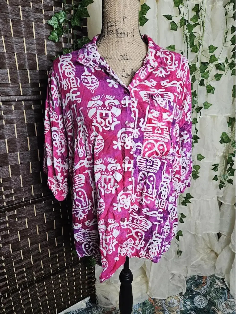 Vintage Take Away Pink Button Up Shirt Boho Artsy Hawaiian Top - Picture 1 of 5